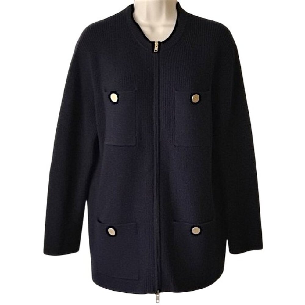 L'Heritage by Martinique Japan Full Dual-Zip Rib Knit Wool Cardigan Black Gold
